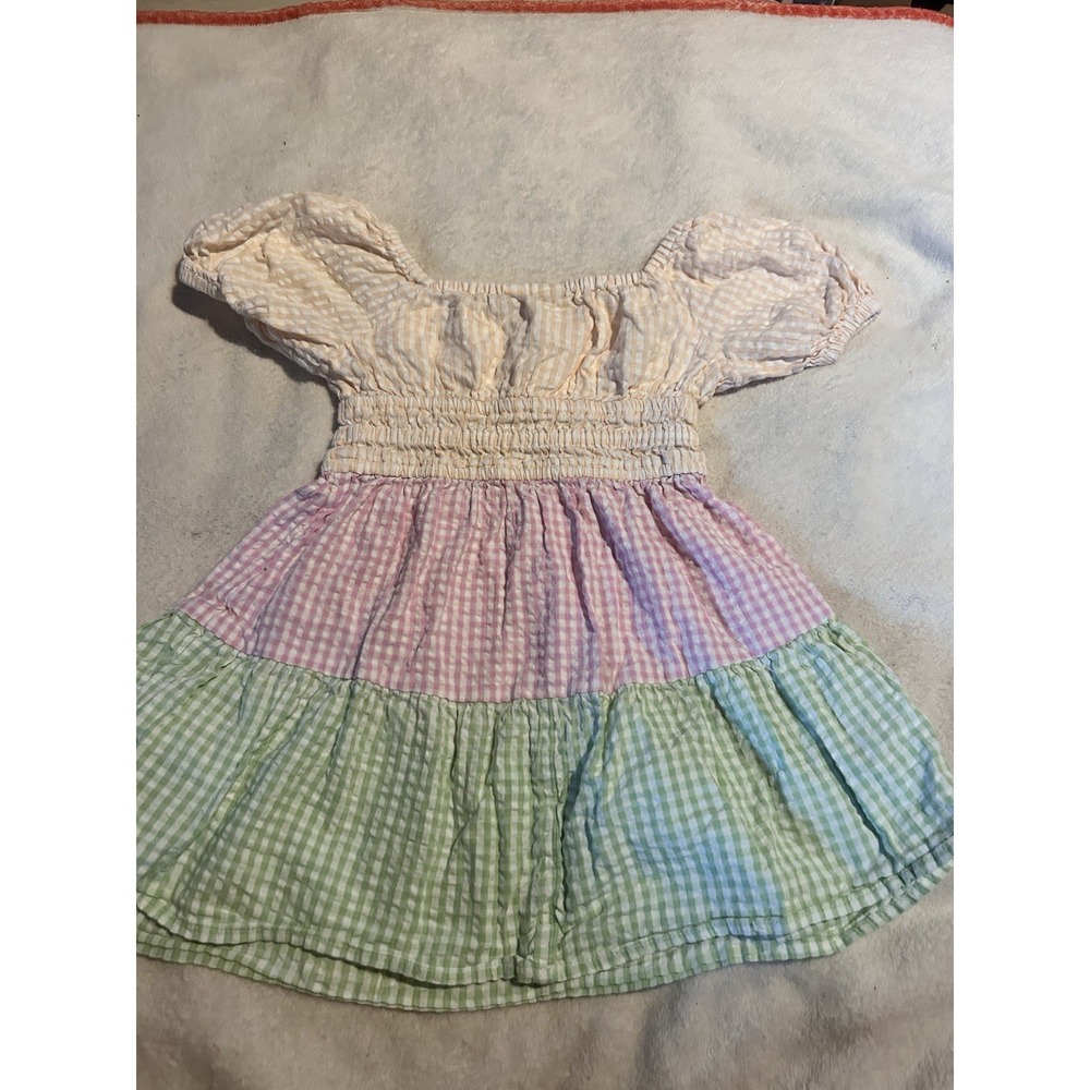 GAP Kids Girls XS 4-5 Pastel Gingham Seersucker Smocked Puff Sleeve Dress - Picture 2 of 4